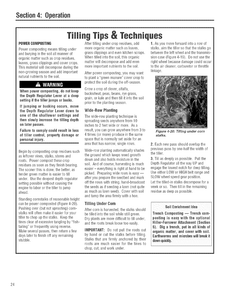 A warning, Wide-row planting, Tilling under corn | Tilling tips & techniques | Troy-Bilt 682J User Manual | Page 24 / 64