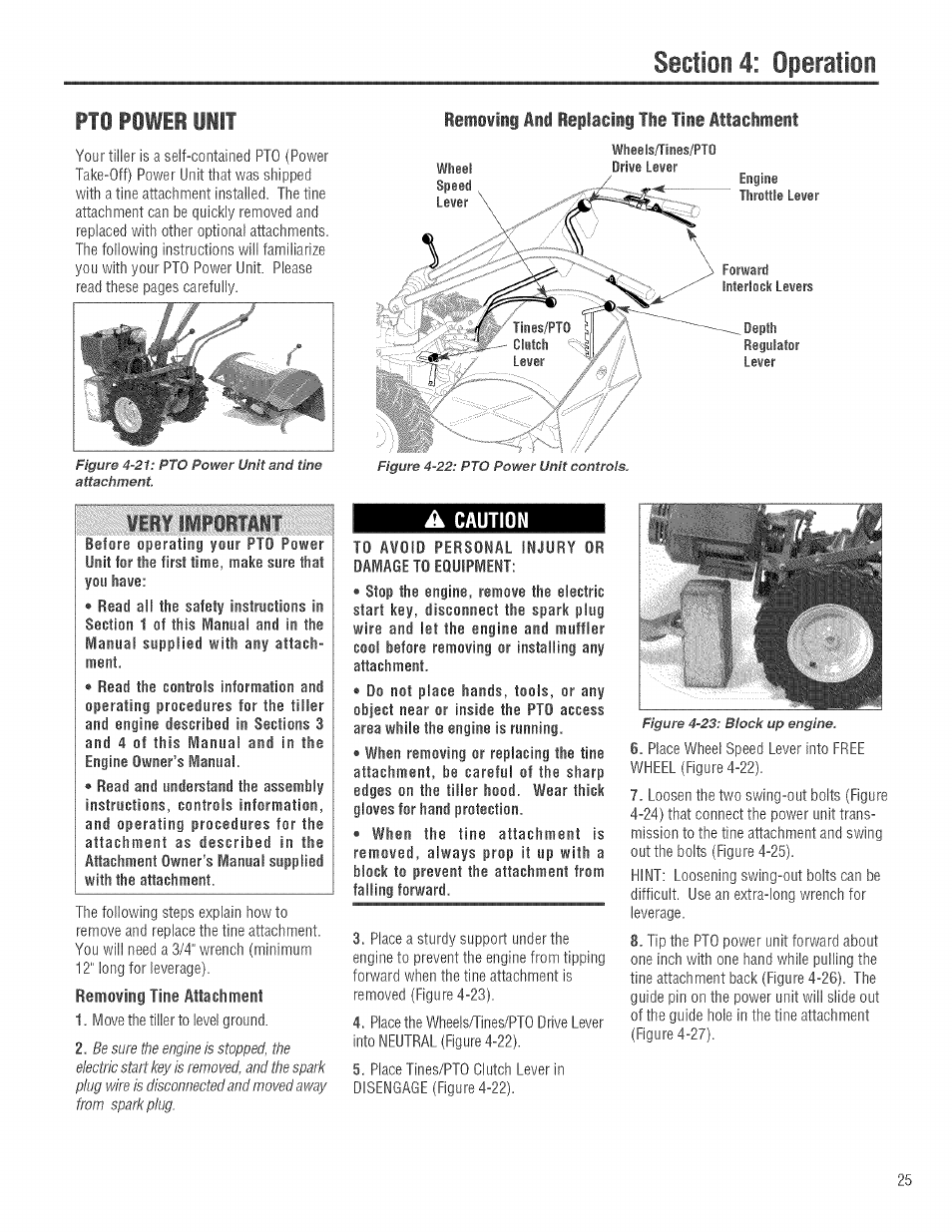 Pto power unit, A caution, Rentiwiig and beplacing tie tiie attacinteit | Engine, Stopped | Troy-Bilt 682J User Manual | Page 25 / 64