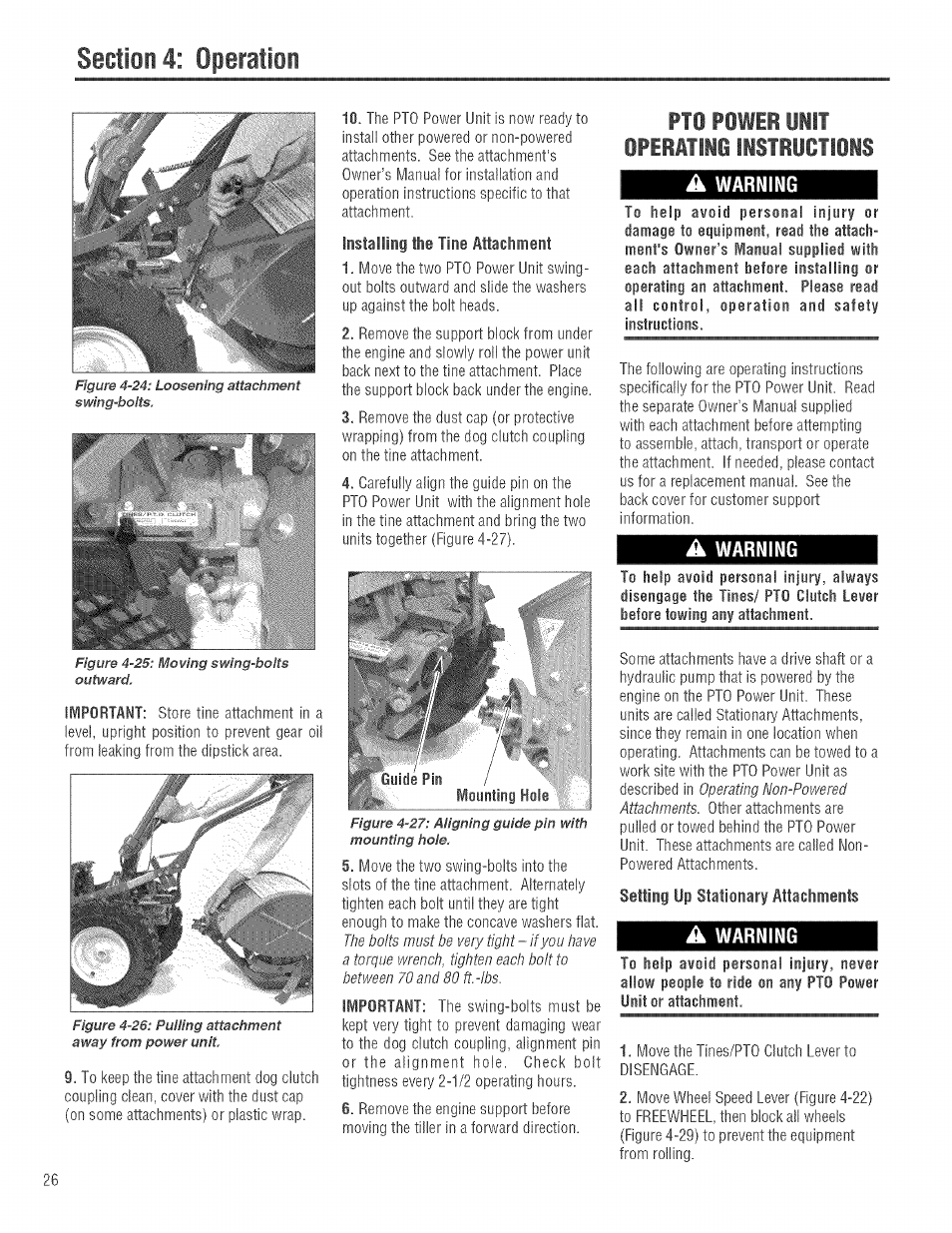 Installing the tine attachment, Pto power unit, A warning | Setting up stationary attachments, Lejmbe, Operitlig listructiois a | Troy-Bilt 682J User Manual | Page 26 / 64