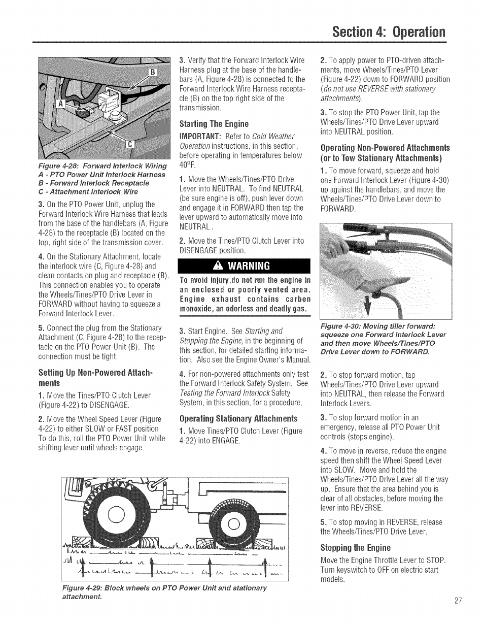 A warning, Operating stationary attachments, Stopping the engine | Cold weather operation, Testing, Forward, Saiety, Stationary | Troy-Bilt 682J User Manual | Page 27 / 64