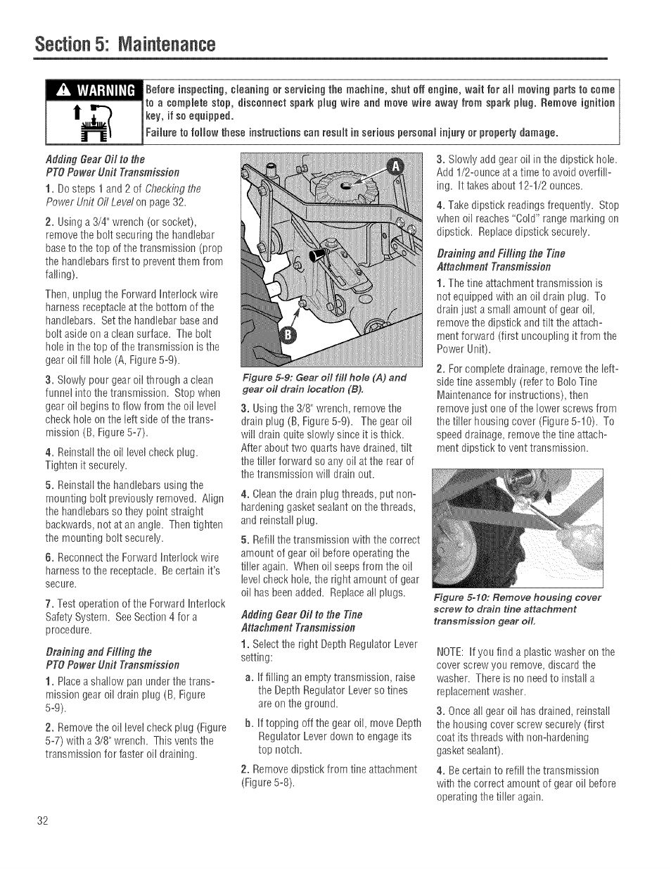 Mming gear oil to the pto power unit transmission, Gear, Filling | Troy-Bilt 682J User Manual | Page 32 / 64