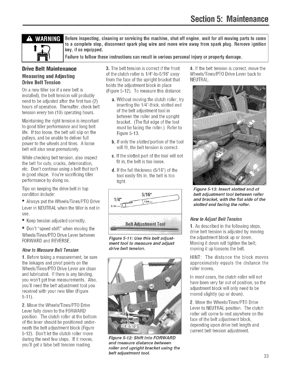Briwe belt maiiteiance, Haw to measure belt tension, How to miljiist belt tension | Troy-Bilt 682J User Manual | Page 33 / 64