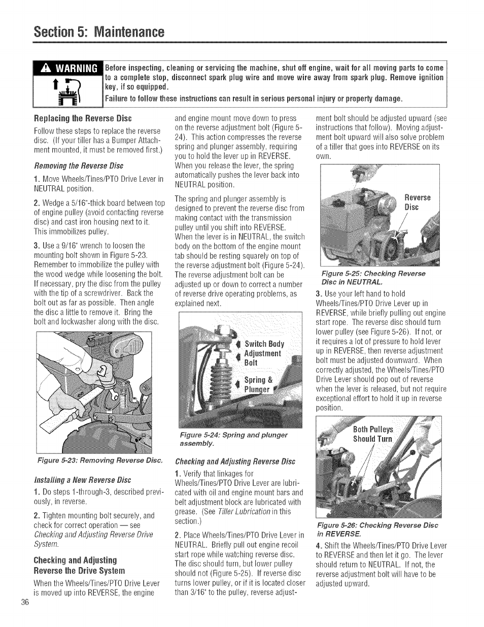 Remoming the reverse disc, Installing a new reverse disc, Cheeking and mdjiistmg reverse disc | Troy-Bilt 682J User Manual | Page 36 / 64