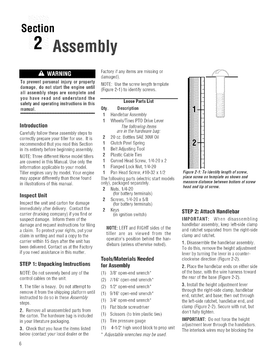 2 assembly, Introductiii, Inspect unit | Tsols/malerials ieedei for assemblf, Step 2: attach handlebar | Troy-Bilt 682J User Manual | Page 6 / 64