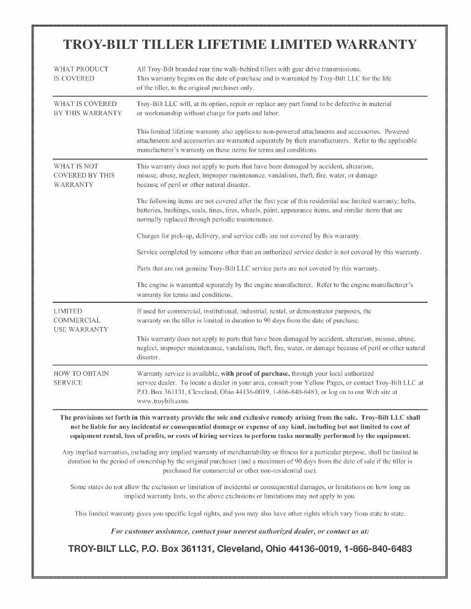 Troy-bilt tiller lifetime limited warranty | Troy-Bilt 682J User Manual | Page 64 / 64