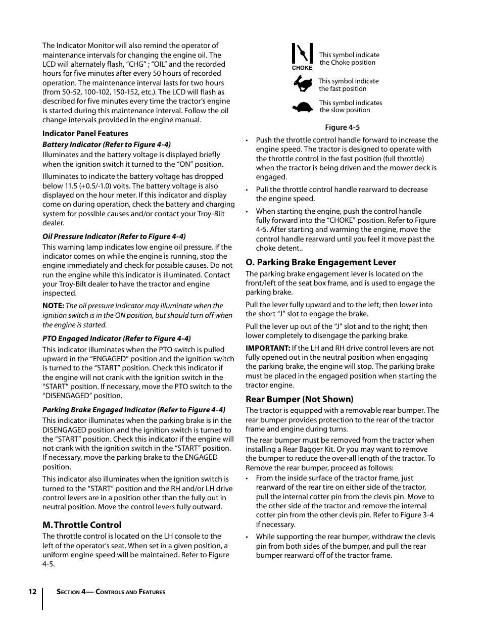 O. parking brake engagement lever, Rear bumper (not shown), M. throttle control | Troy-Bilt Colt RZT User Manual | Page 12 / 72