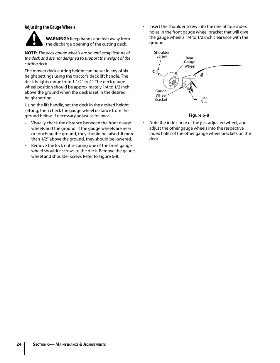 Adjusting the gauge wheels | Troy-Bilt Colt RZT User Manual | Page 24 / 72