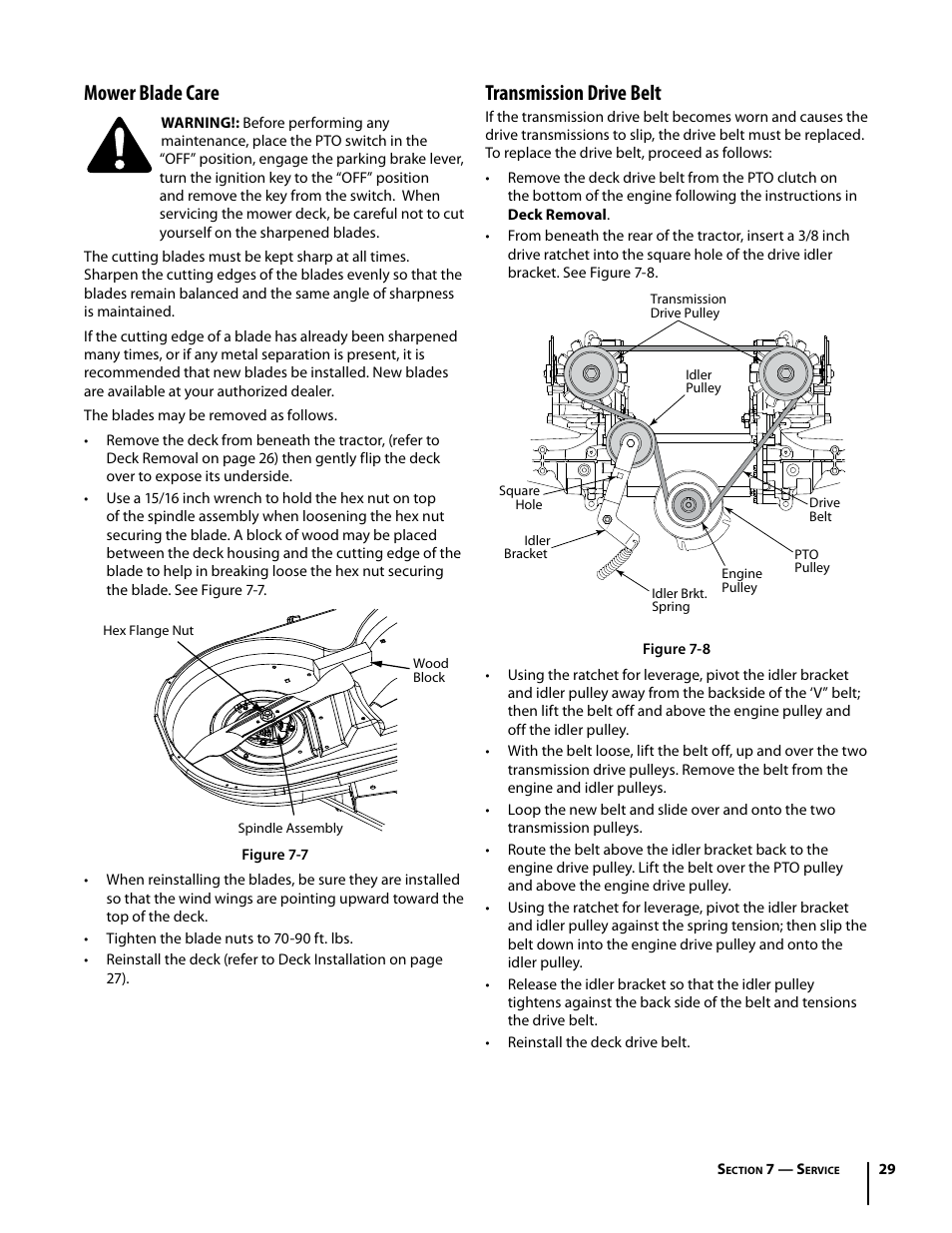 Mower blade care, Transmission drive belt | Troy-Bilt Colt RZT User Manual | Page 29 / 72
