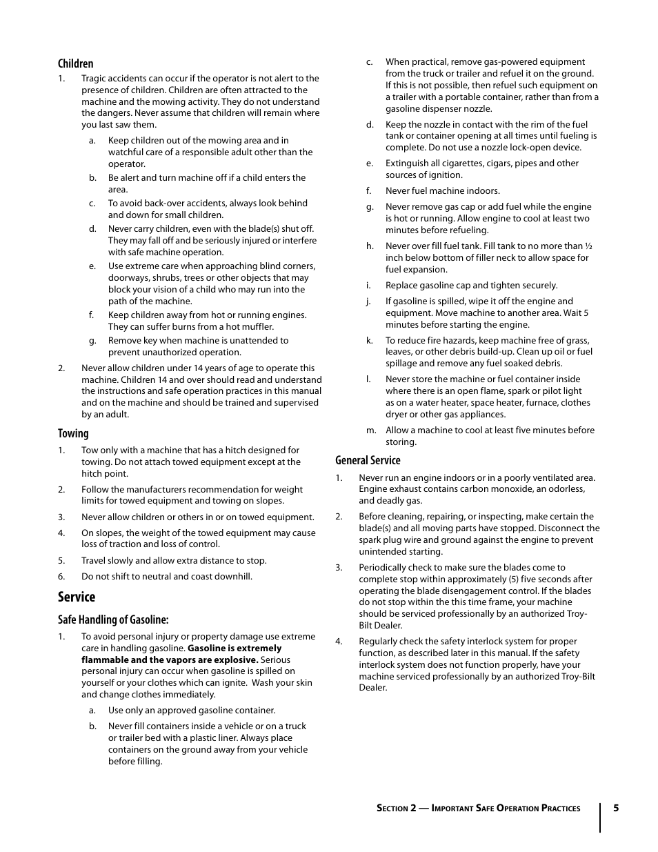 Service, Children, Towing | Safe handling of gasoline, General service | Troy-Bilt Colt RZT User Manual | Page 5 / 72