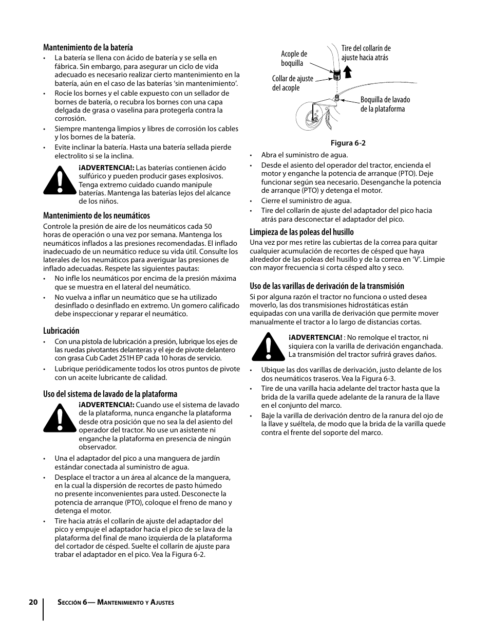 Mantenimiento de la batería, Mantenimiento de los neumáticos, Lubricación | Uso del sistema de lavado de la plataforma, Limpieza de las poleas del husillo | Troy-Bilt Colt RZT User Manual | Page 56 / 72