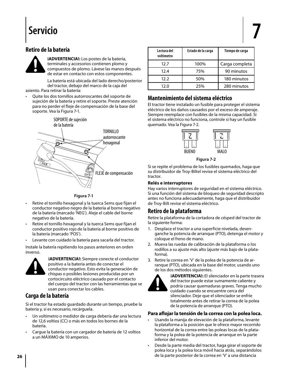 Servicio, Mantenimiento del sistema eléctrico, Retiro de la plataforma | Retiro de la batería, Carga de la batería | Troy-Bilt Colt RZT User Manual | Page 62 / 72