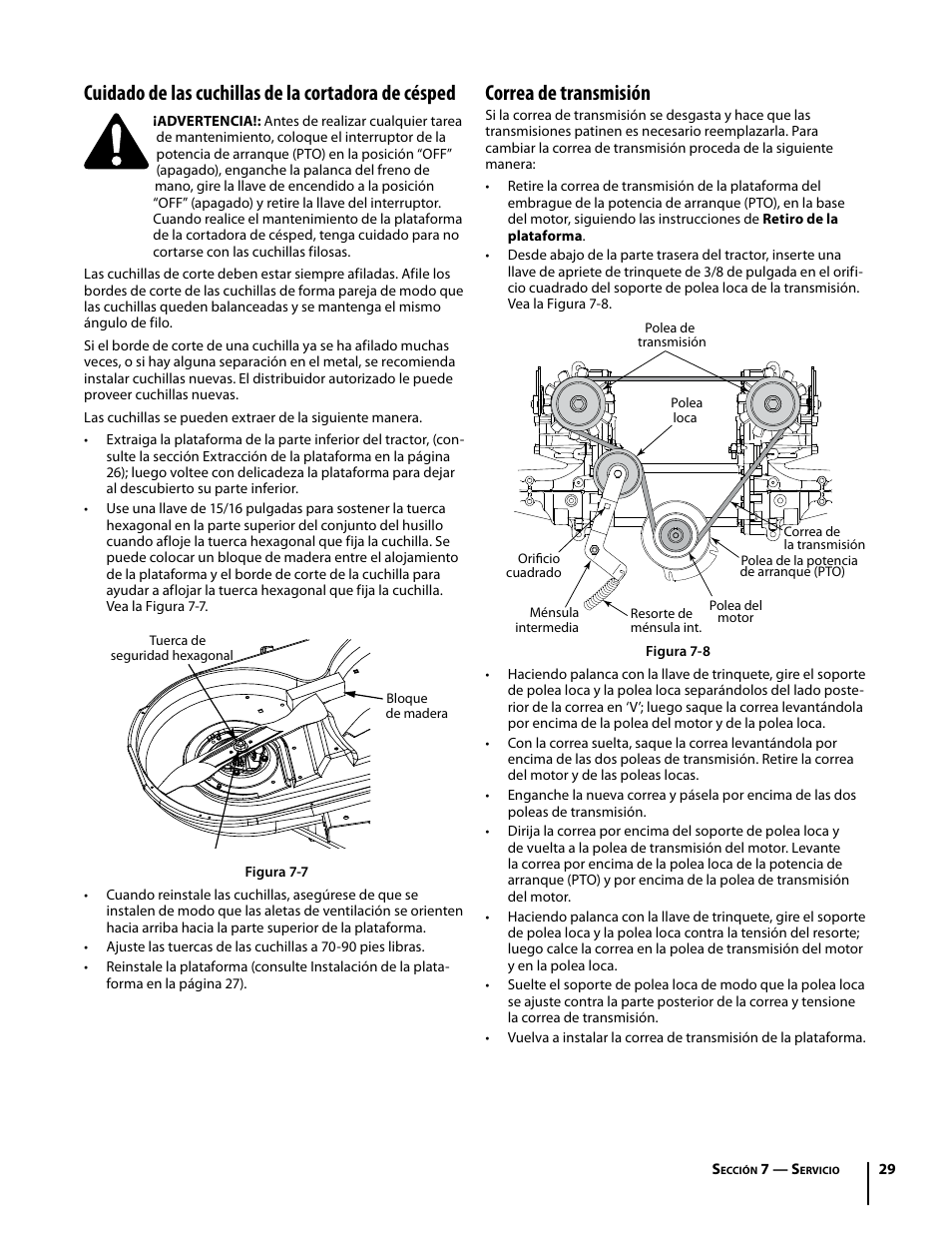 Cuidado de las cuchillas de la cortadora de césped, Correa de transmisión | Troy-Bilt Colt RZT User Manual | Page 65 / 72
