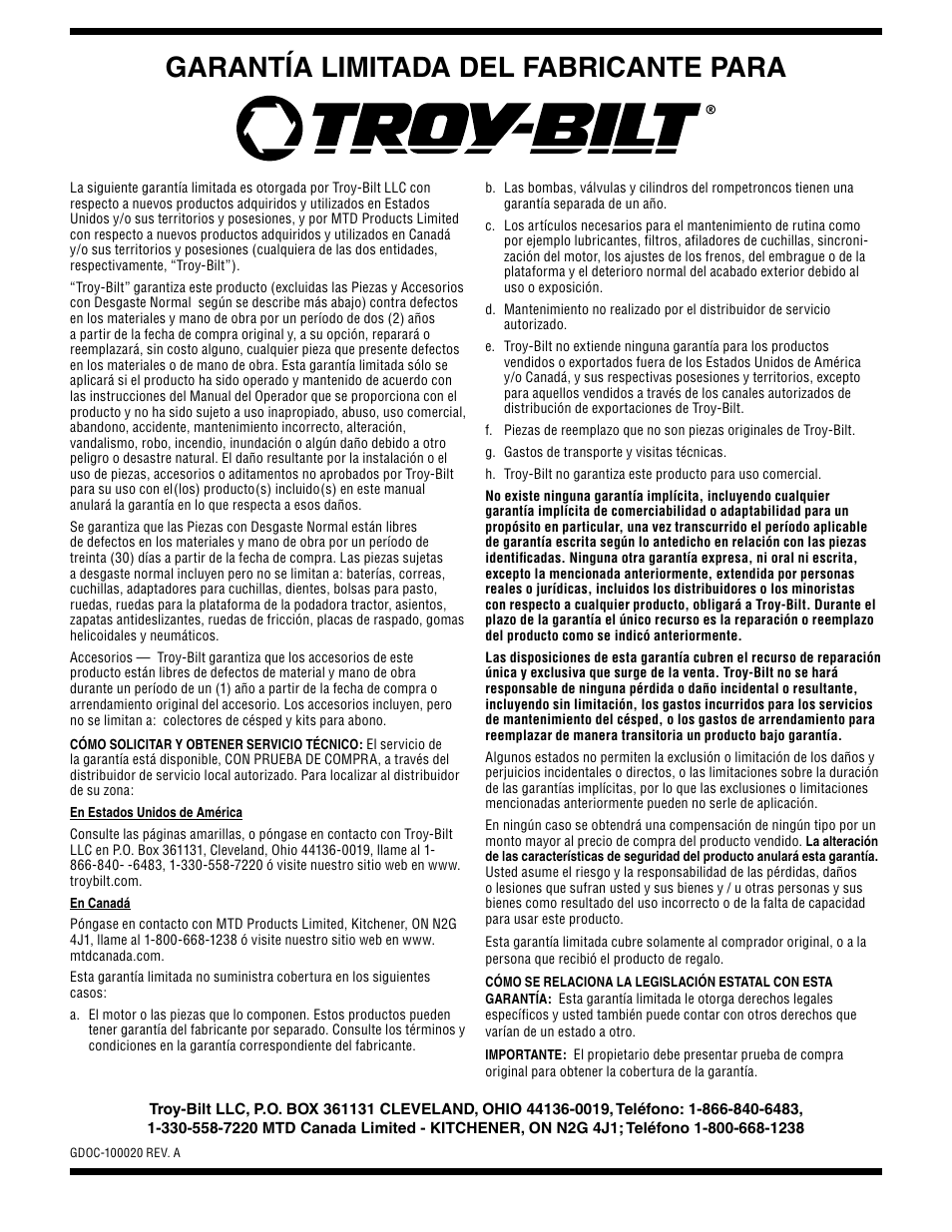 Garantía limitada del fabricante para | Troy-Bilt Colt RZT User Manual | Page 72 / 72