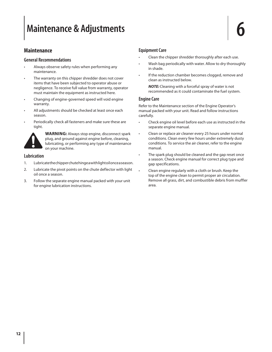 Maintenance & adjustments, Maintenance | Troy-Bilt 410 User Manual | Page 12 / 40