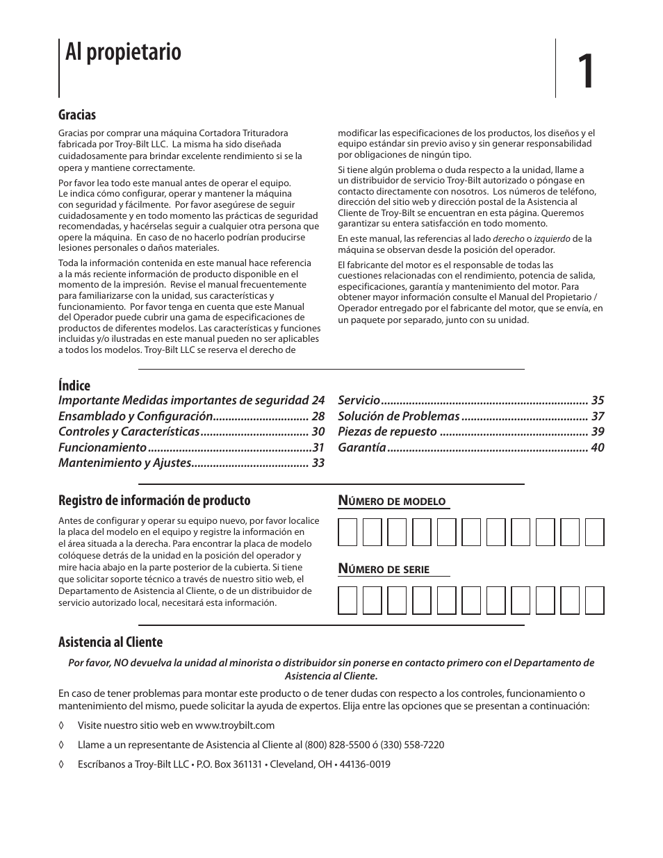 Al propietario, Asistencia al cliente, Gracias | Índice n, Registro de información de producto | Troy-Bilt 410 User Manual | Page 23 / 40