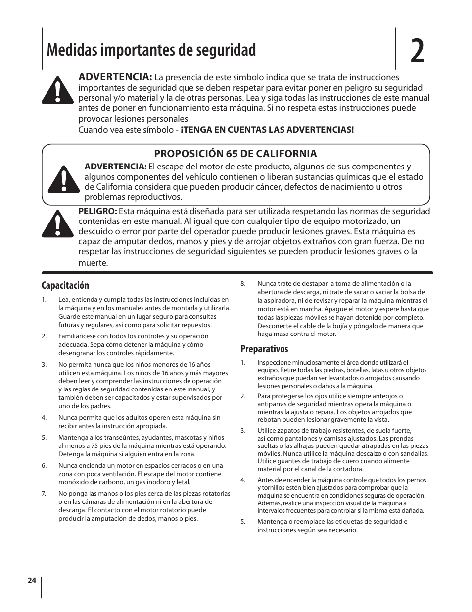 Medidas importantes de seguridad, Advertencia, Capacitación | Preparativos, Proposición 65 de california | Troy-Bilt 410 User Manual | Page 24 / 40