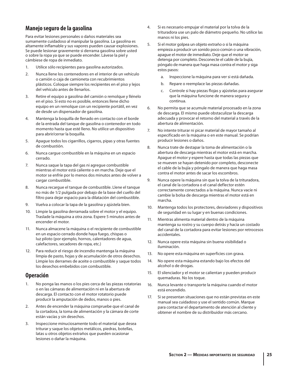 Manejo seguro de la gasolina, Operación | Troy-Bilt 410 User Manual | Page 25 / 40