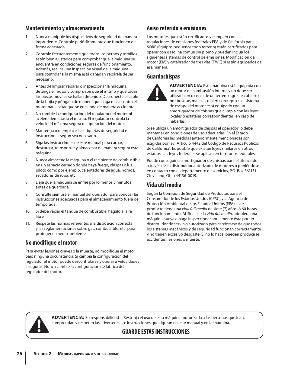 Mantenimiento y almacenamiento, No modifique el motor, Aviso referido a emisiones | Guardachispas, Vida útil media, Guarde estas instrucciones | Troy-Bilt 410 User Manual | Page 26 / 40