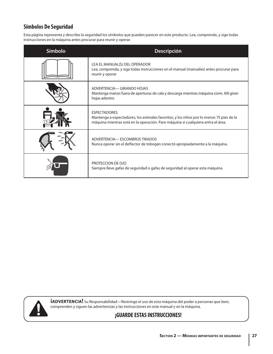 Símbolos de seguridad, Guarde estas instrucciones | Troy-Bilt 410 User Manual | Page 27 / 40