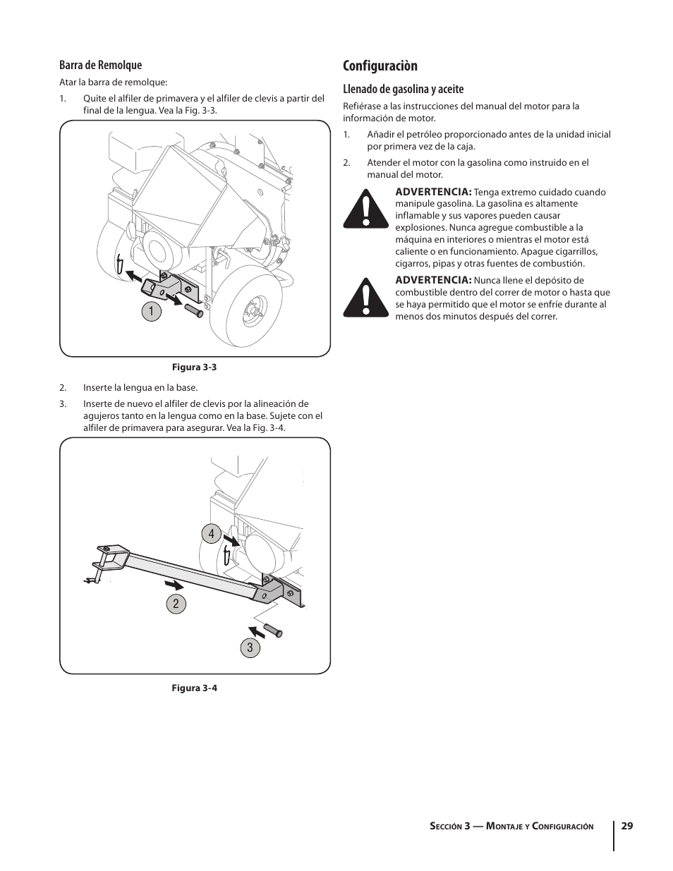 Configuraciòn, Llenado de gasolina y aceite, Barra de remolque | Troy-Bilt 410 User Manual | Page 29 / 40