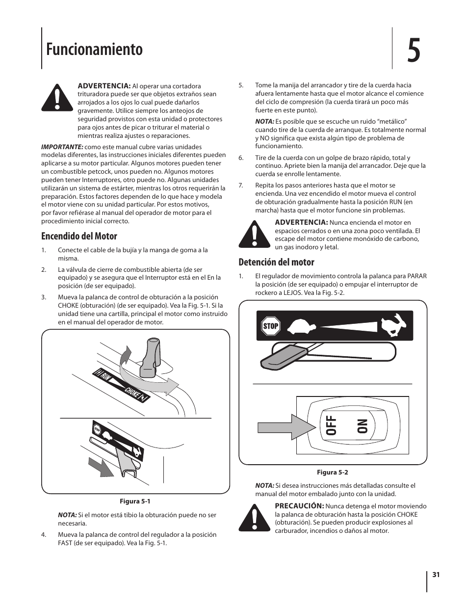 Funcionamiento, Detención del motor, Encendido del motor | Troy-Bilt 410 User Manual | Page 31 / 40