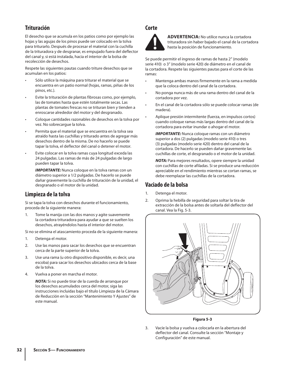 Corte, Vaciado de la bolsa, Trituración | Limpieza de la tolva | Troy-Bilt 410 User Manual | Page 32 / 40