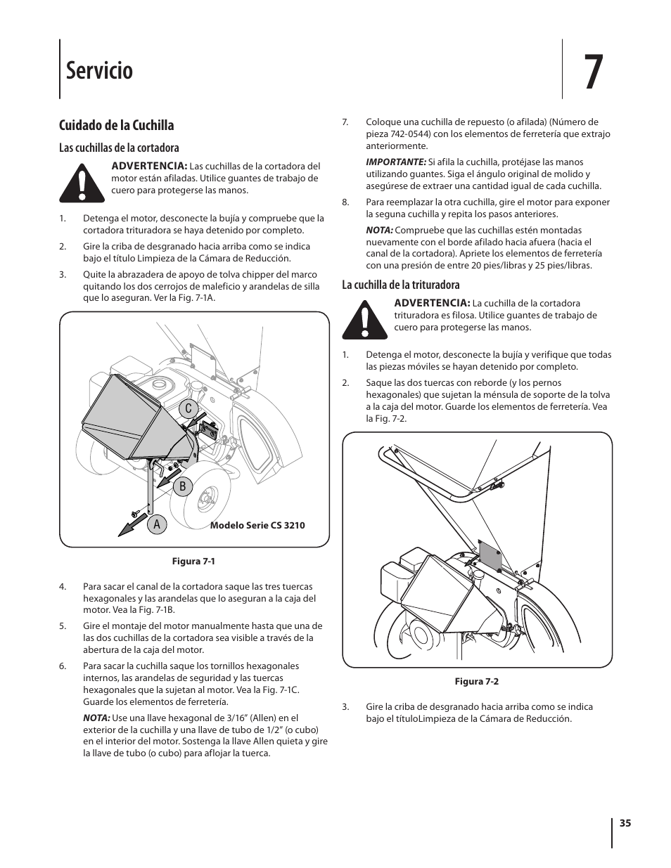 Servicio, Cuidado de la cuchilla | Troy-Bilt 410 User Manual | Page 35 / 40