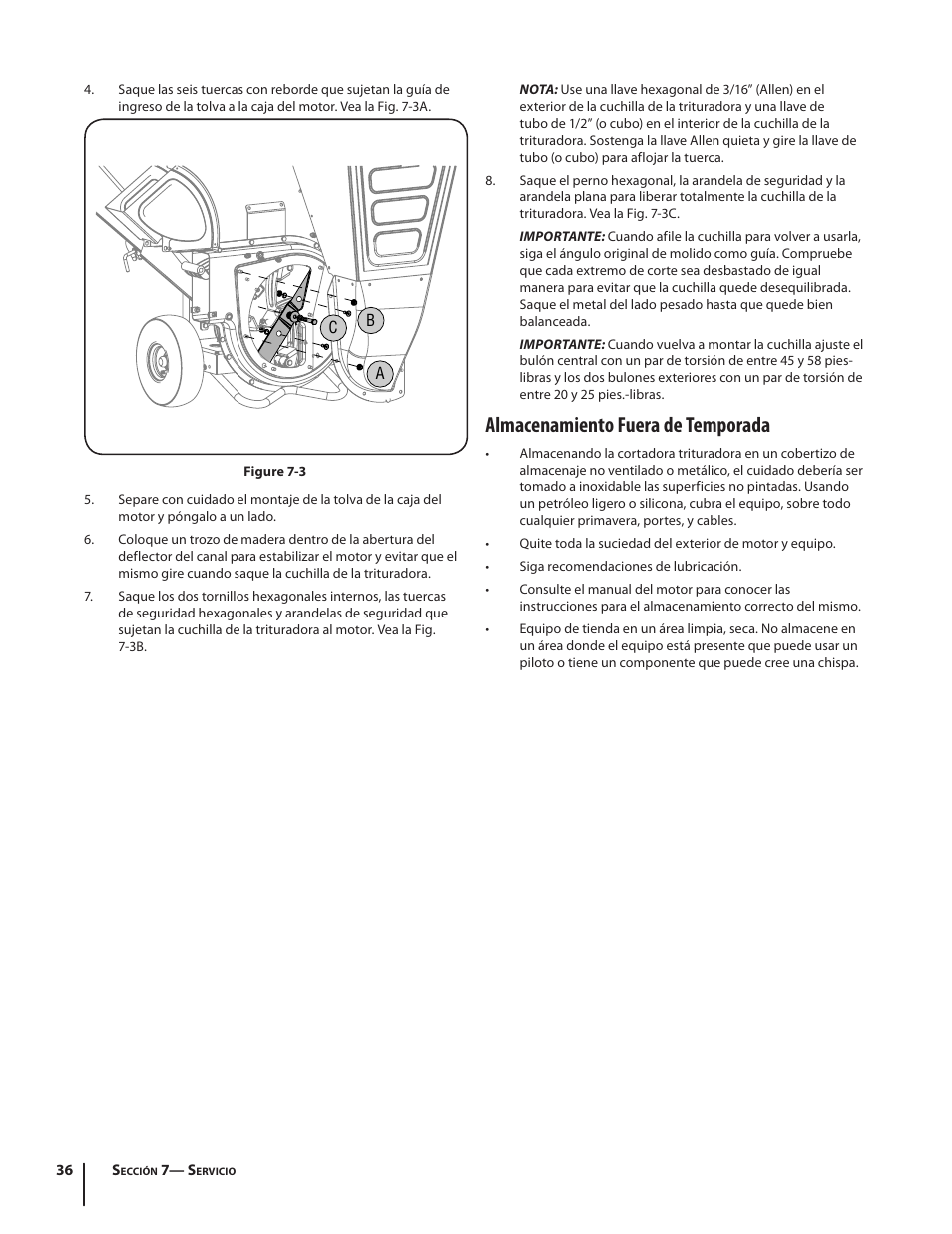 Almacenamiento fuera de temporada | Troy-Bilt 410 User Manual | Page 36 / 40