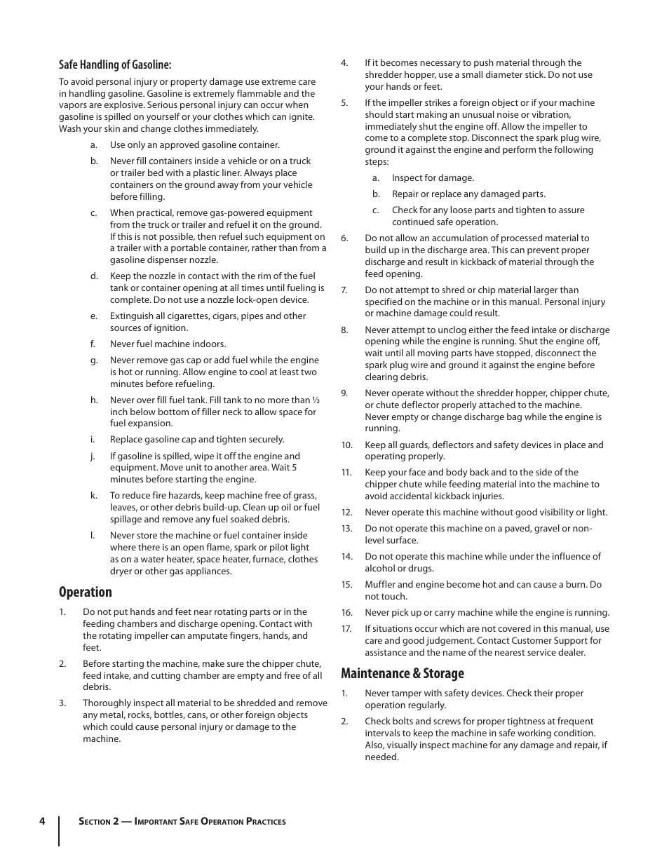 Operation, Maintenance & storage, Safe handling of gasoline | Troy-Bilt 410 User Manual | Page 4 / 40