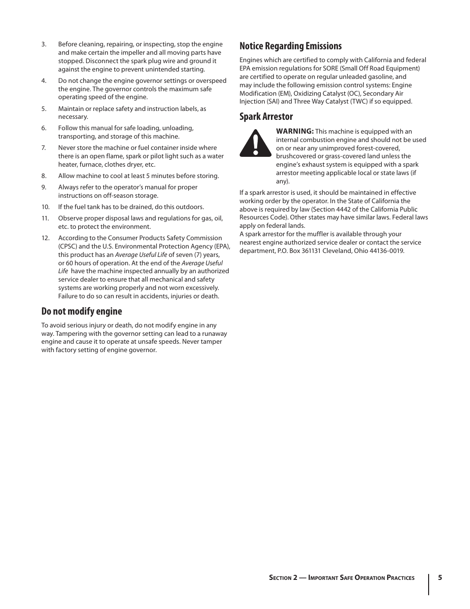 Do not modify engine, Notice regarding emissions, Spark arrestor | Troy-Bilt 410 User Manual | Page 5 / 40