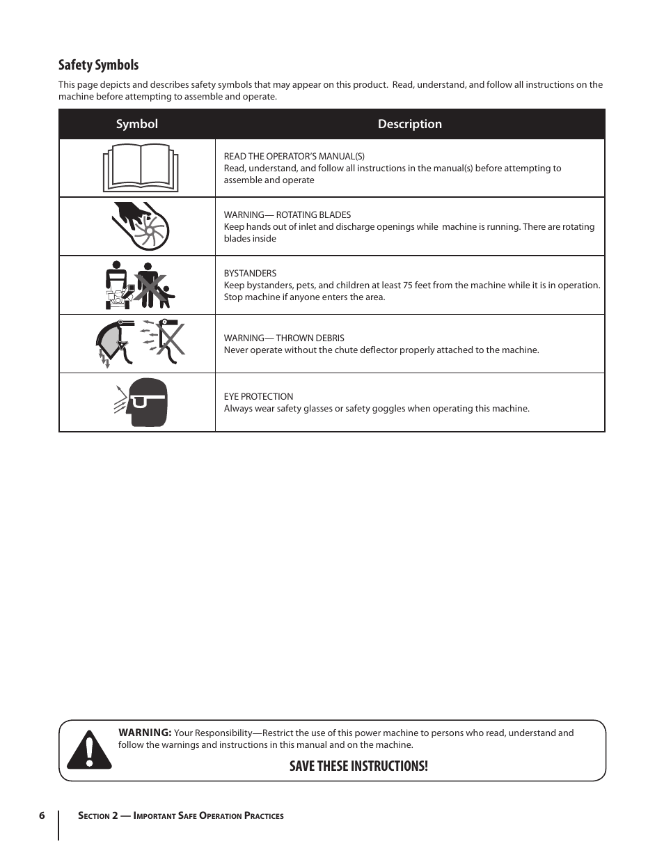 Safety symbols, Save these instructions, Symbol description | Troy-Bilt 410 User Manual | Page 6 / 40