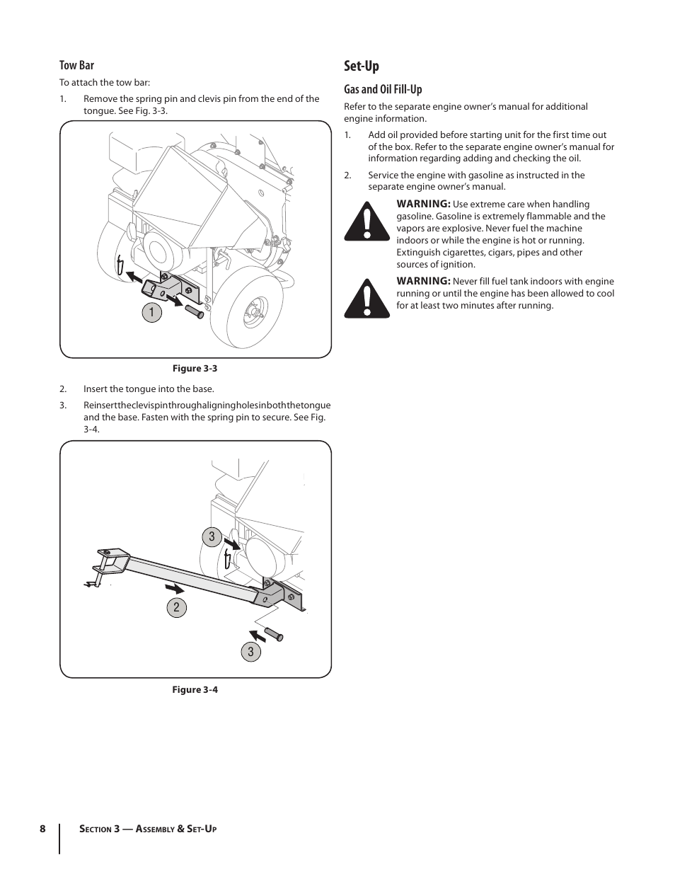 Set-up, Gas and oil fill-up, Tow bar | Troy-Bilt 410 User Manual | Page 8 / 40