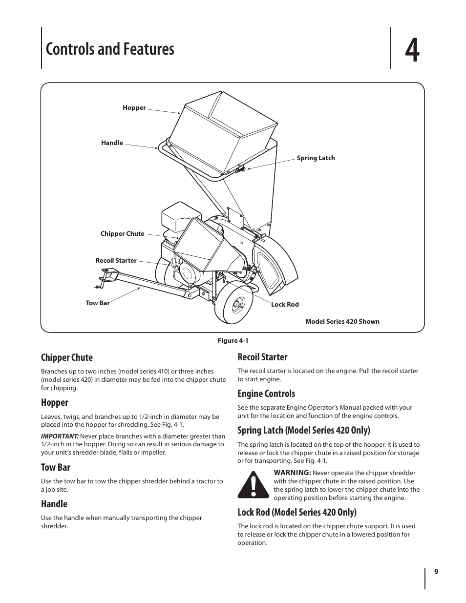 Controls and features, Chipper chute, Hopper | Tow bar, Handle, Recoil starter, Engine controls, Spring latch (model series 420 only), Lock rod (model series 420 only) | Troy-Bilt 410 User Manual | Page 9 / 40