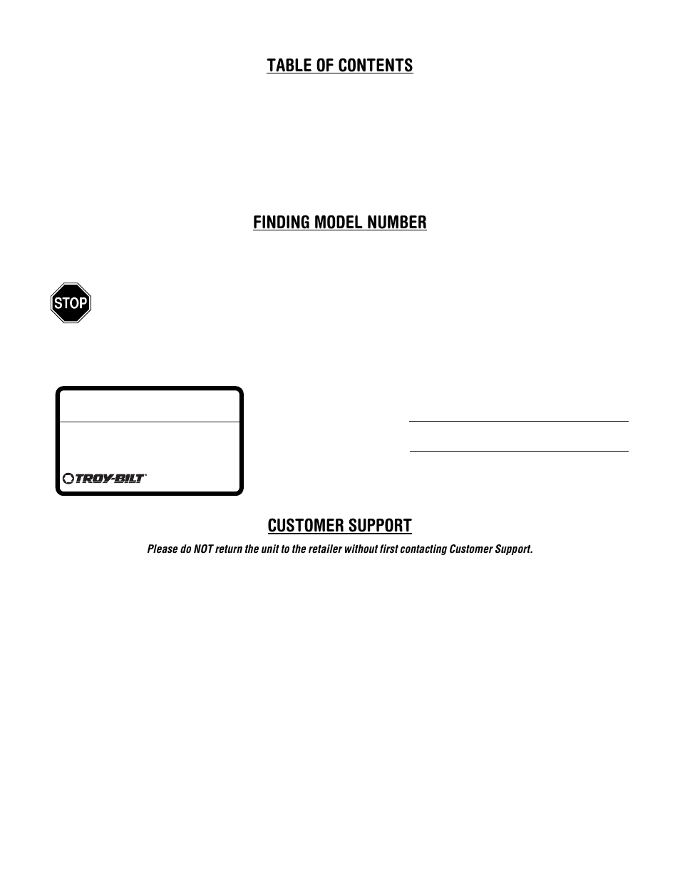 Table of contents finding model number, Customer support | Troy-Bilt 645A Super Bronco User Manual | Page 2 / 32