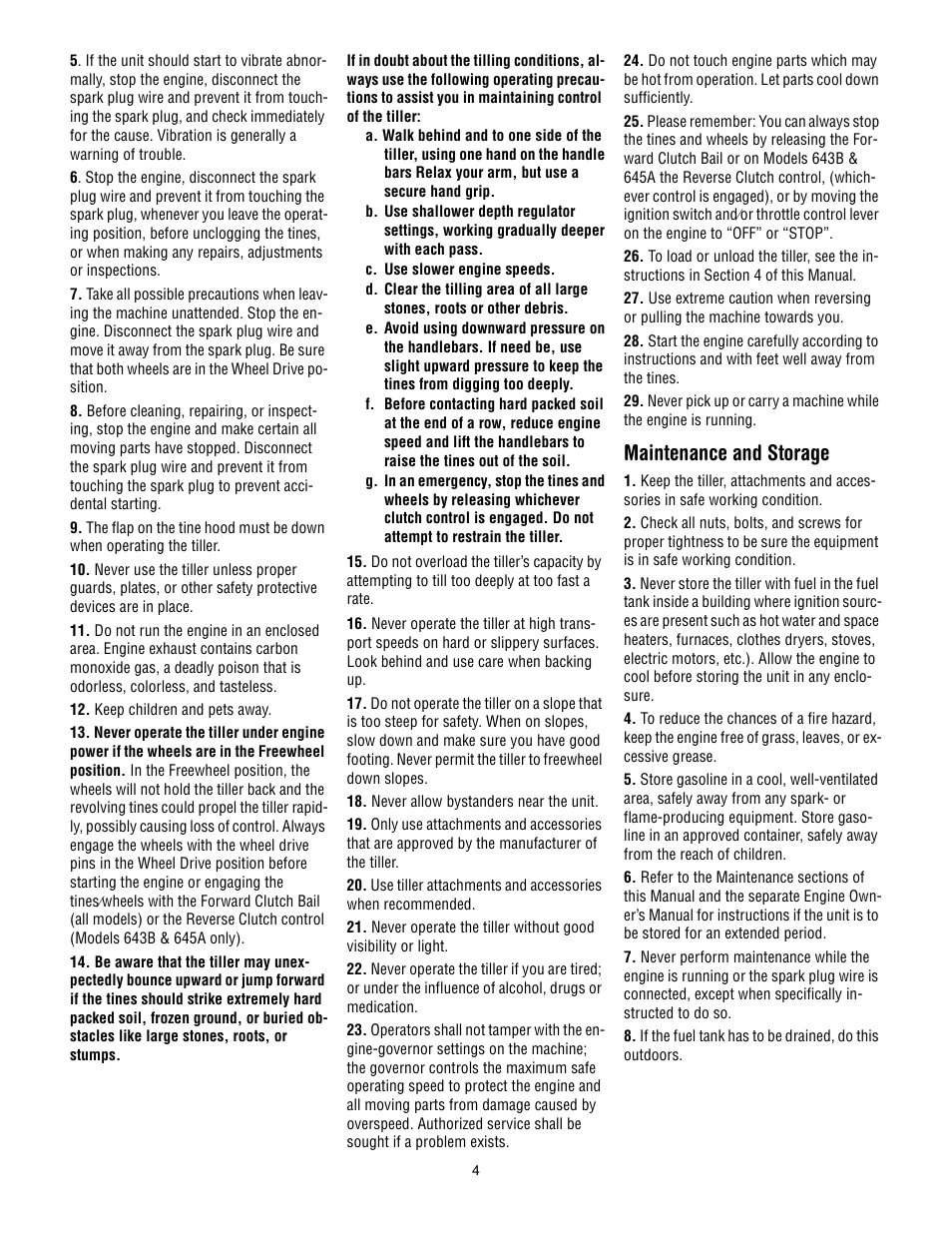 Maintenance and storage | Troy-Bilt 645A Super Bronco User Manual | Page 4 / 32