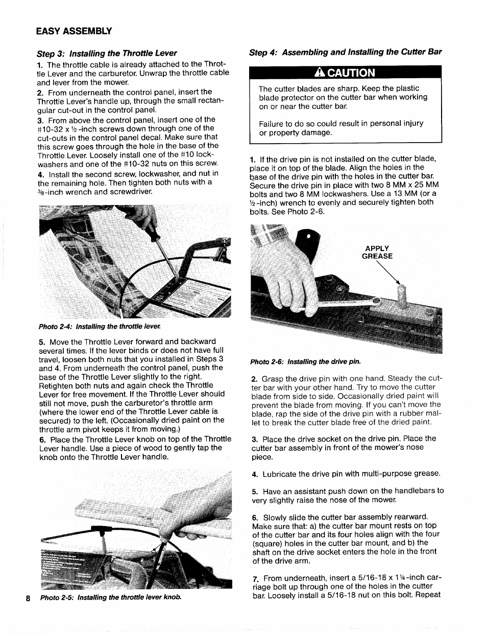 Step 3: installing the throttle lever, Step 4: assembling and installing the cutter bar, À caution | Step | Troy-Bilt 31/2 HP User Manual | Page 10 / 48