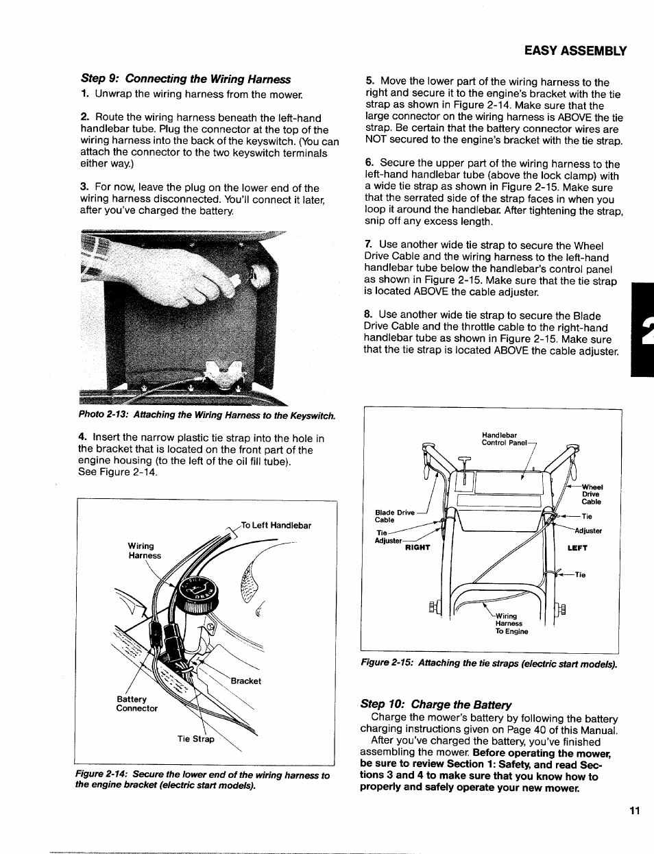 Step 9: connecting the wiring harness, Step 10: charge the battery | Troy-Bilt 31/2 HP User Manual | Page 13 / 48