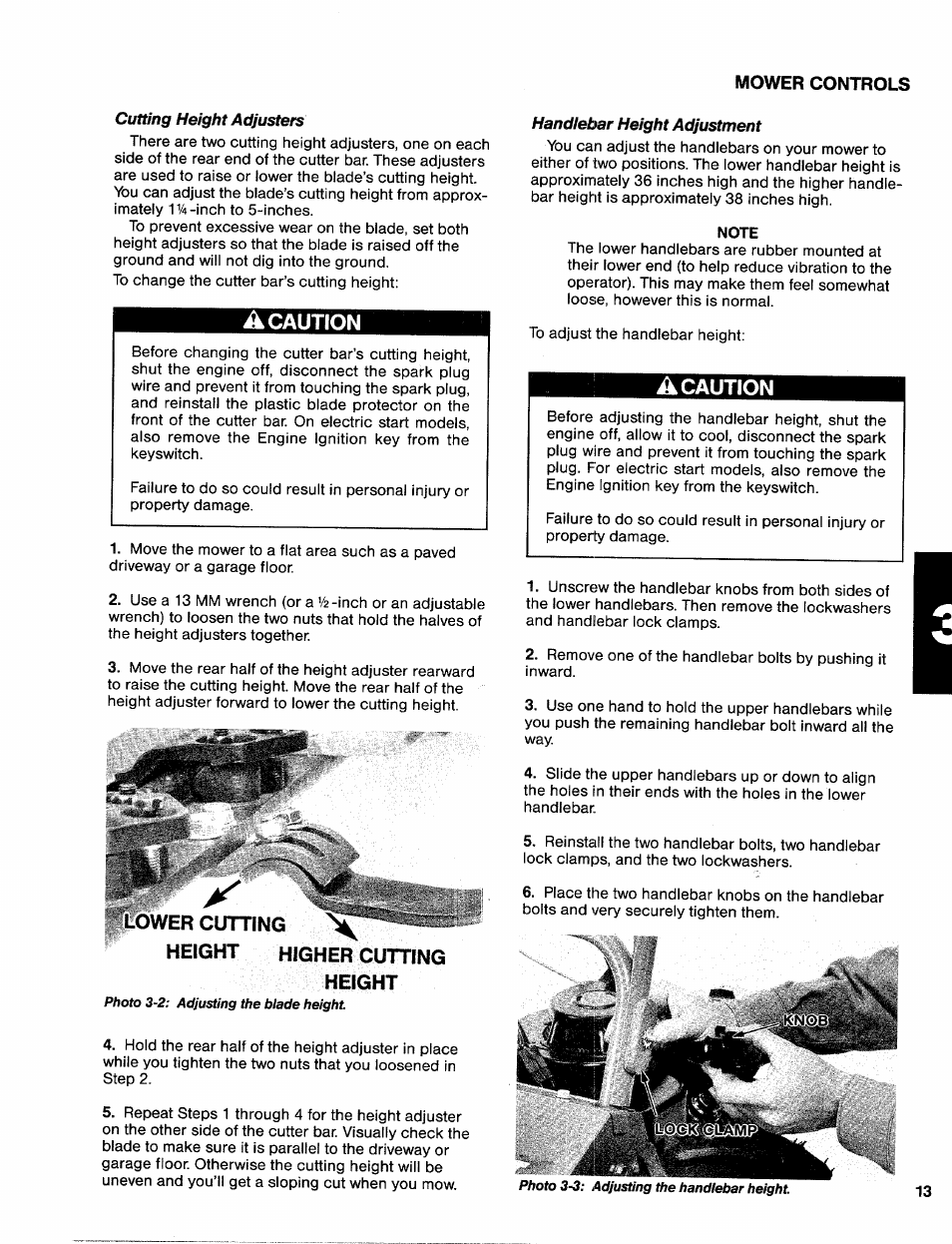 Cutting height adjusters, A caution, Lower cutting x | Height higher cutting height, Handlebar height adjustment | Troy-Bilt 31/2 HP User Manual | Page 15 / 48