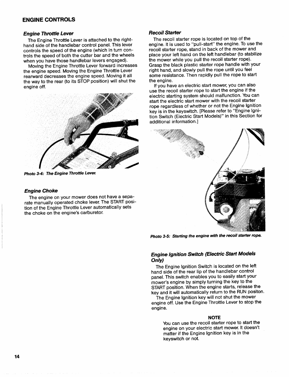 Engine throttle lever, Engine choke, Recoil starter | Engine throttle lever engine choke | Troy-Bilt 31/2 HP User Manual | Page 16 / 48