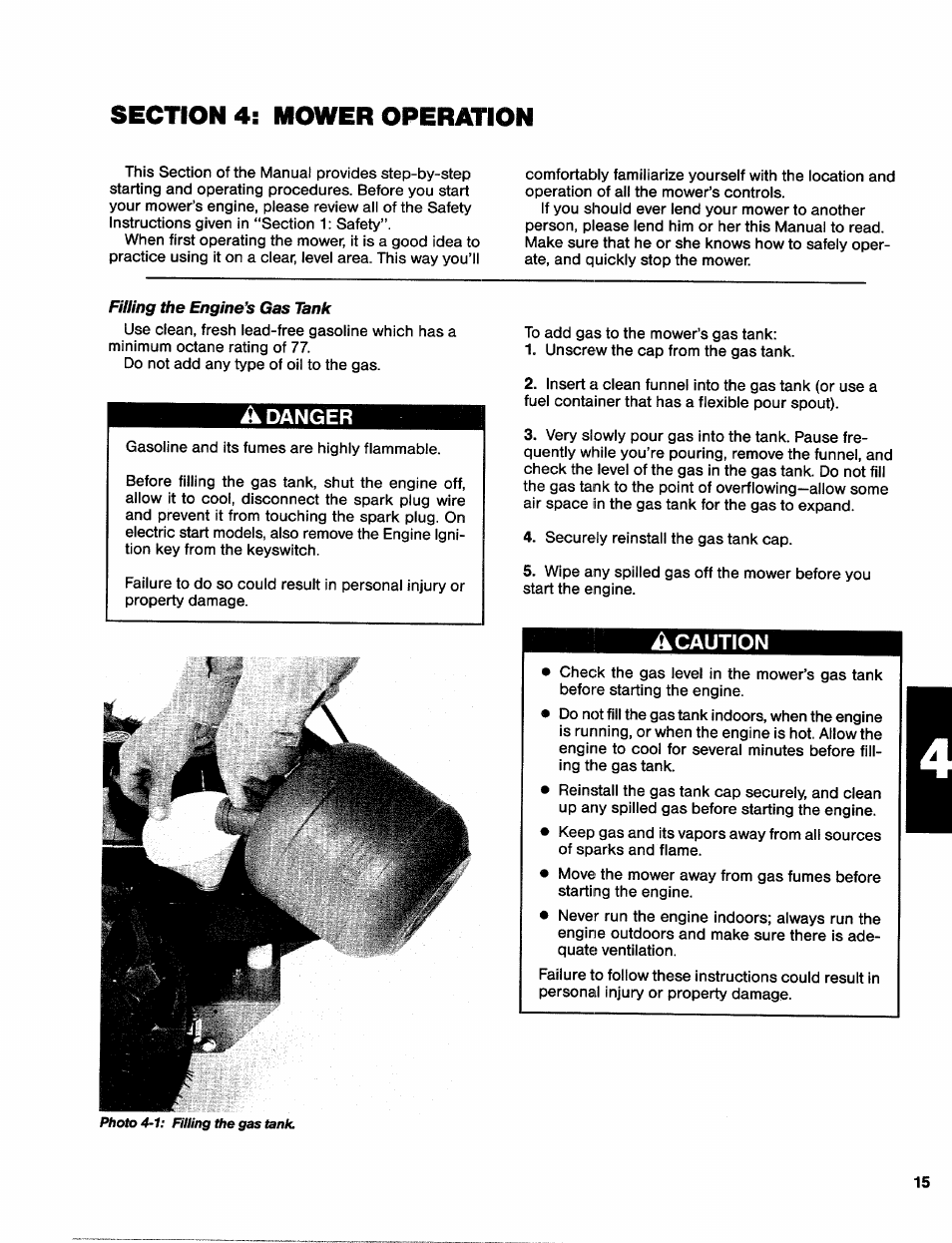 Section 4i mower operation, Filling the engine’s gas tank, A danger | Acaution | Troy-Bilt 31/2 HP User Manual | Page 17 / 48