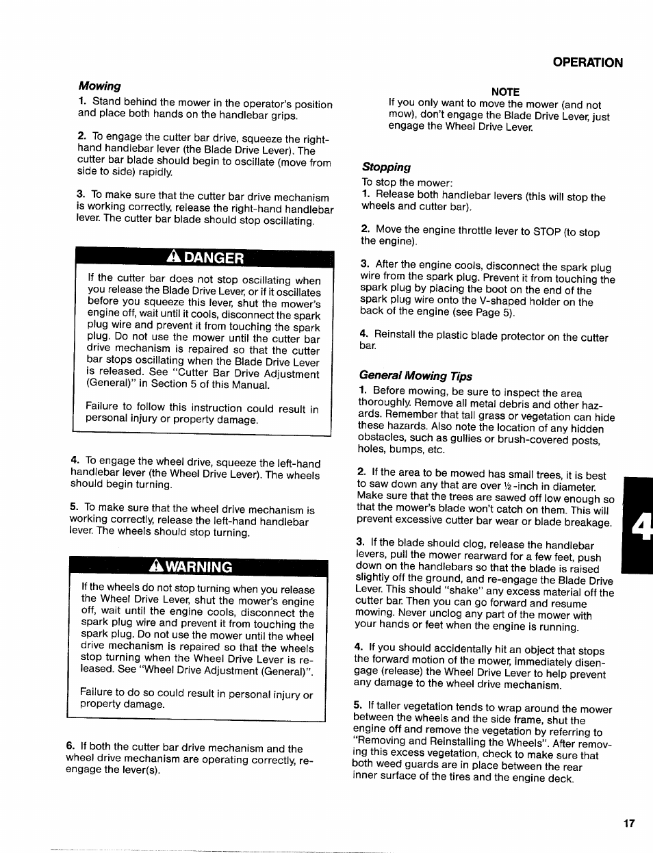 Mowing, Adanger, Stopping | General mowing tips, Mowing stopping general mowing tips | Troy-Bilt 31/2 HP User Manual | Page 19 / 48