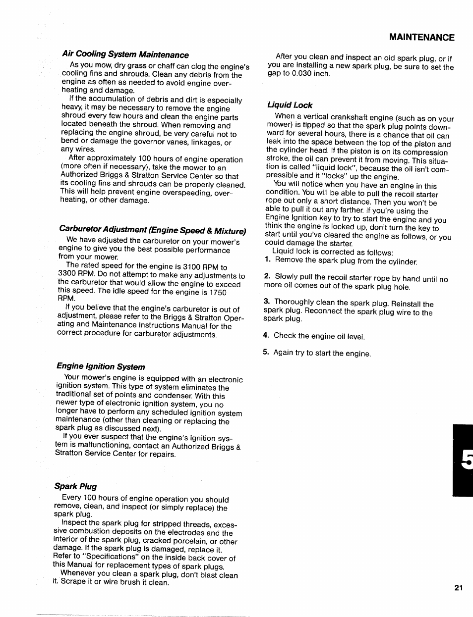 Air cooling system maintenance, Carburetor adjustment (engine speed & mixture), Engine ignition system | Liquid lock, Spark plug | Troy-Bilt 31/2 HP User Manual | Page 23 / 48