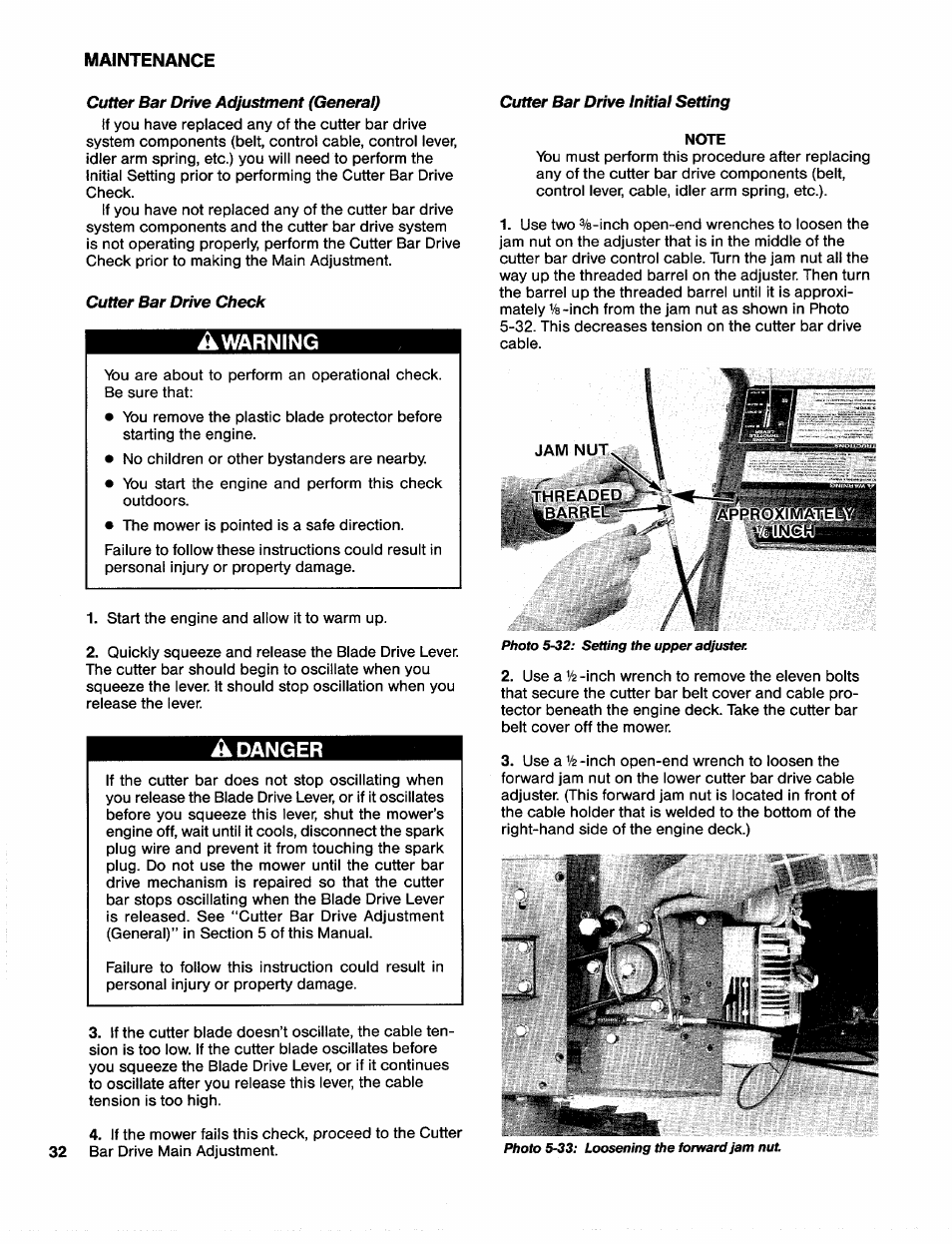 Cutter bar drive adjustment (general), Cutter bar drive check, Adanger | Cutter bar drive initial setting | Troy-Bilt 31/2 HP User Manual | Page 34 / 48