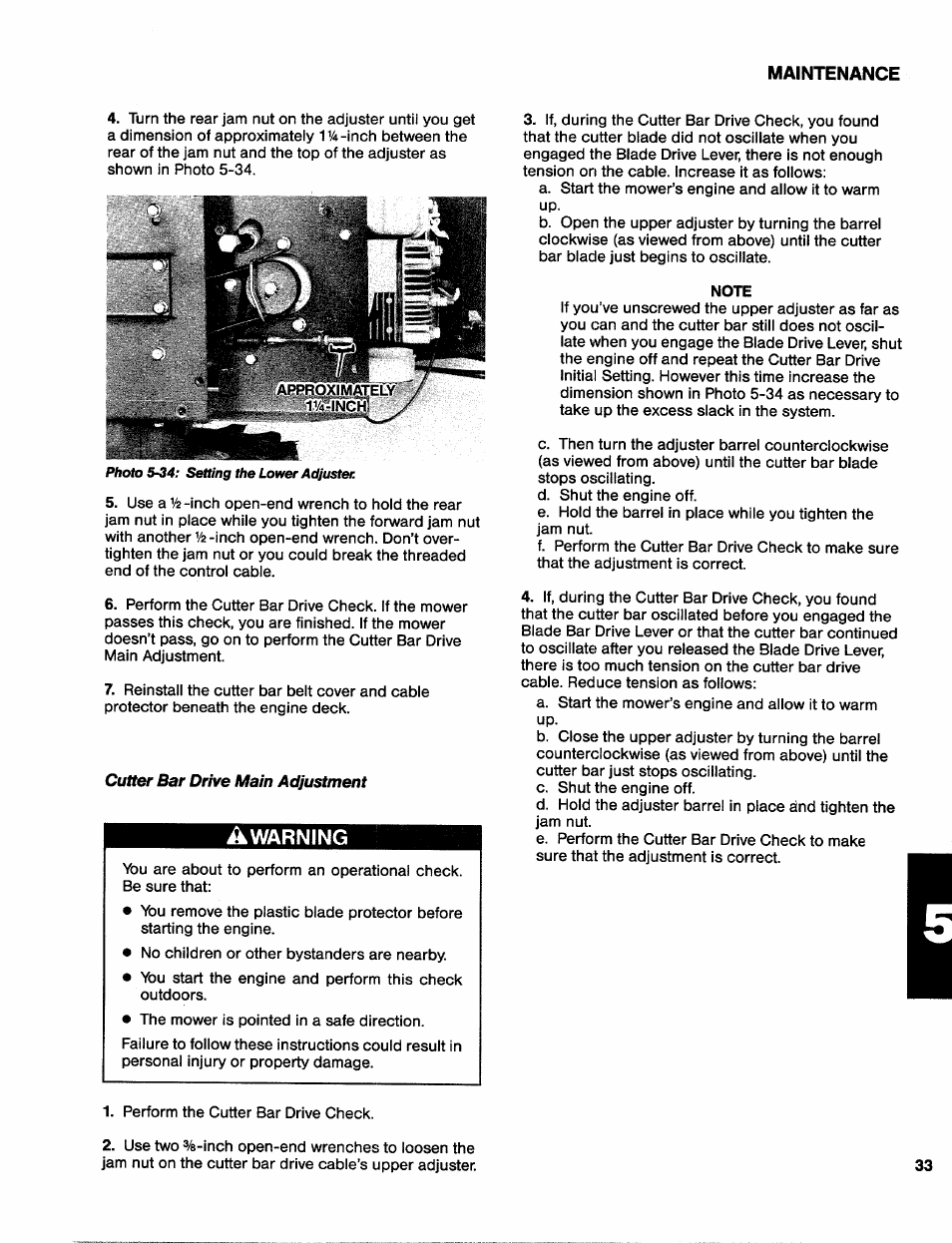 Cutter bar drive main adjustment, Warning | Troy-Bilt 31/2 HP User Manual | Page 35 / 48