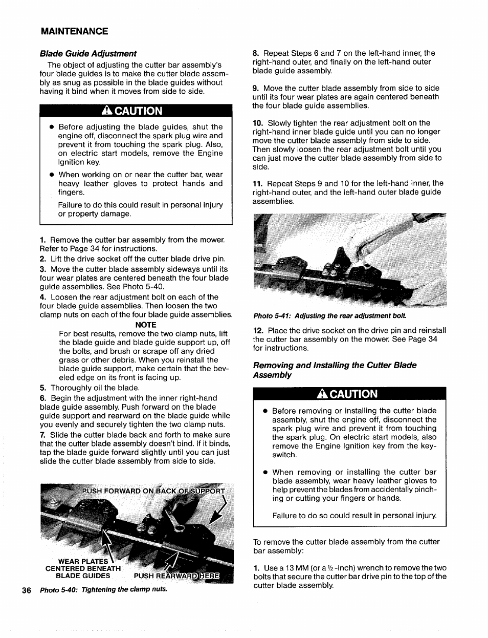 Blade guide adjustment, A caution, Removing and installing the cutter blade assembly | Troy-Bilt 31/2 HP User Manual | Page 38 / 48