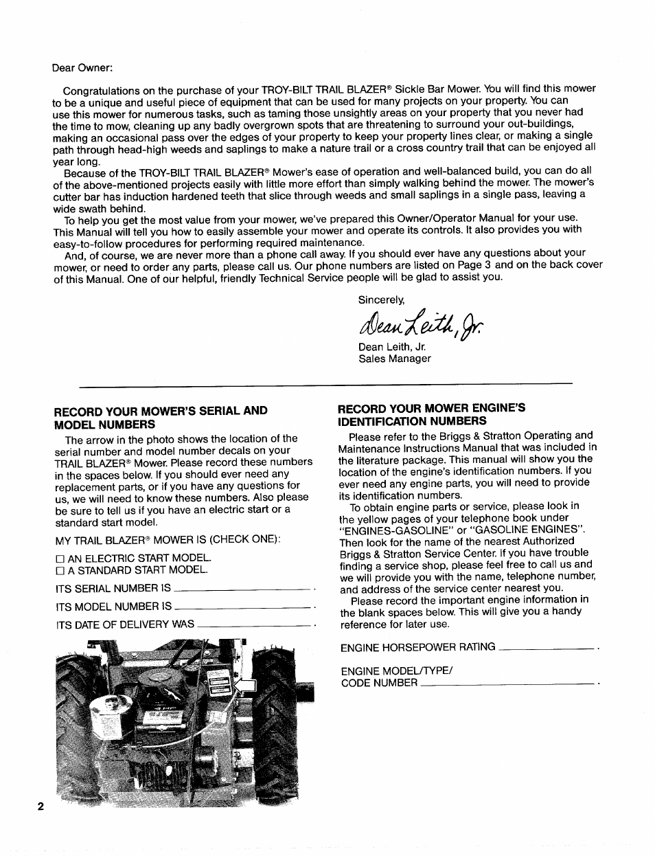 Record your mower’s serial and model numbers, Record your mower engine’s identification numbers | Troy-Bilt 31/2 HP User Manual | Page 4 / 48