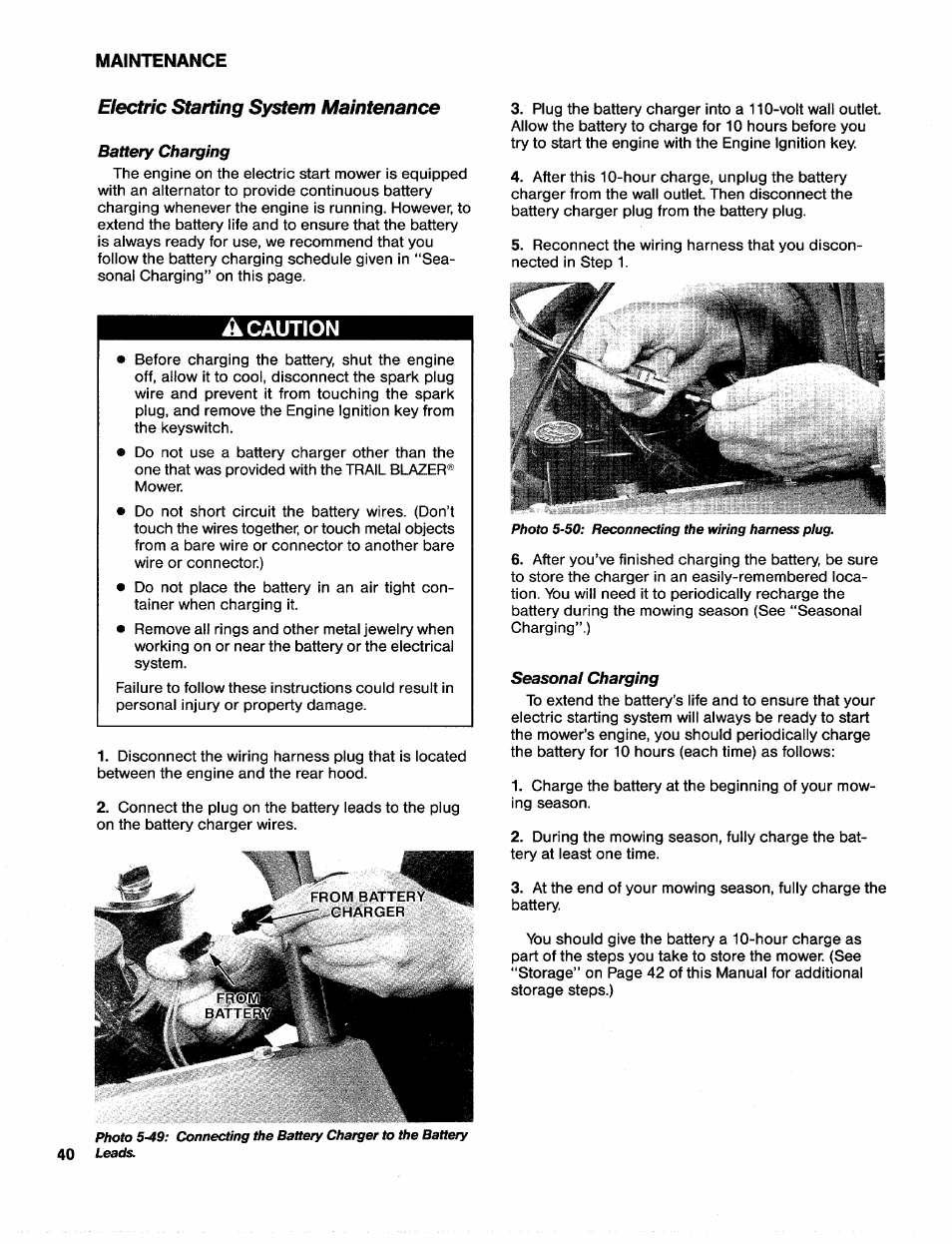 Battery charging, A caution, Seasonal charging | Battery charging seasonal charging | Troy-Bilt 31/2 HP User Manual | Page 42 / 48