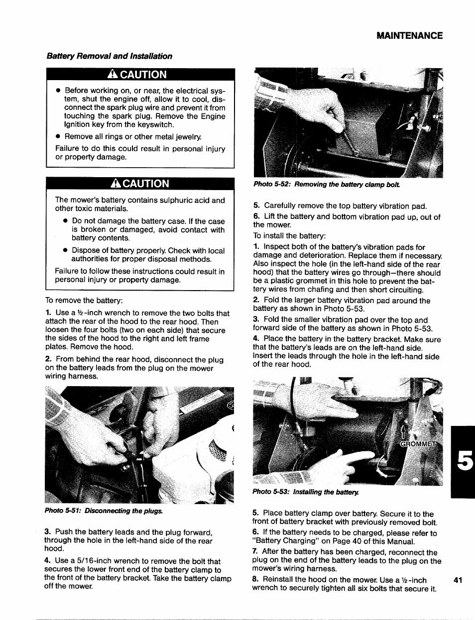 Battery removal and installation, A caution, Acaution | Battery removal & installation | Troy-Bilt 31/2 HP User Manual | Page 43 / 48