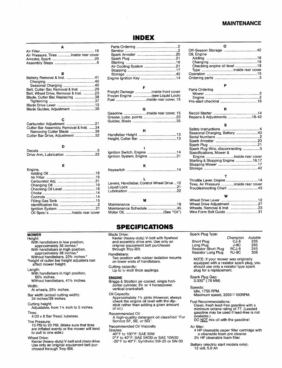 Index, Specifications, Maintenance | Troy-Bilt 31/2 HP User Manual | Page 47 / 48