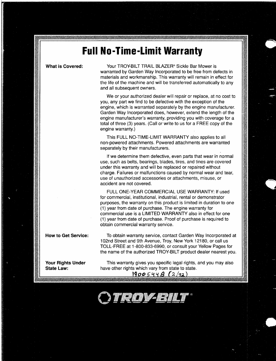 Full no-time-llmit warranty | Troy-Bilt 31/2 HP User Manual | Page 48 / 48